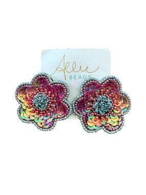 Allie Beads Sequin Flower Statement Stud Earrings Hand Beaded Pink MSRP $52